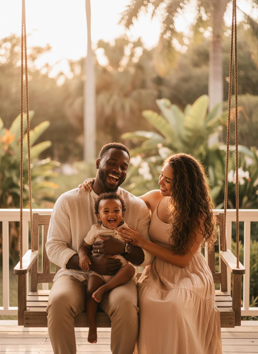 Happy family on porch at golden hour
